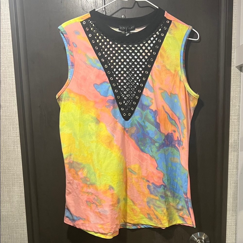 Rainbow marble Oil Slick Black mesh v front  Women's Top Large